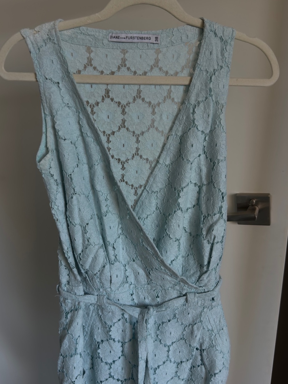 Diane von Furstenberg Pale Blue Lace Wrap Dress with Waist Tie